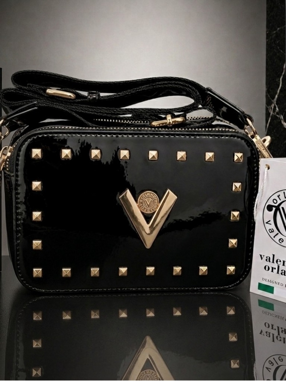 Valentino Orlandi Black Patent Crossbody with Gold Studs
